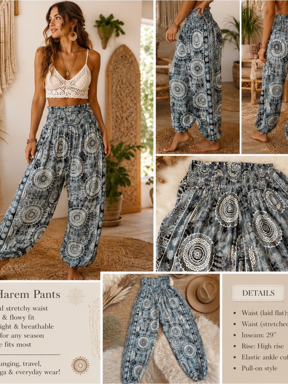 Bohemian Wide-Leg Harem Pants — Blue Mandala Print